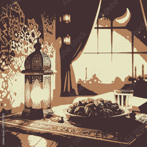 illustration of a lantern and a moon 