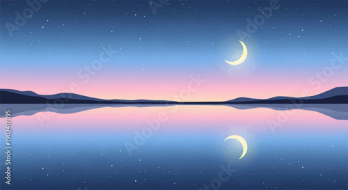 Serene pixel art landscape of a crescent moon over reflective water
