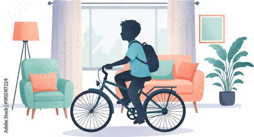 Silhouette of a person with backpack riding bicycle in a cozy room interior