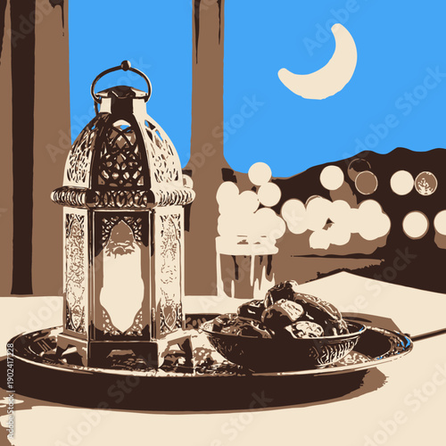 illustration of a lantern and a moon 
