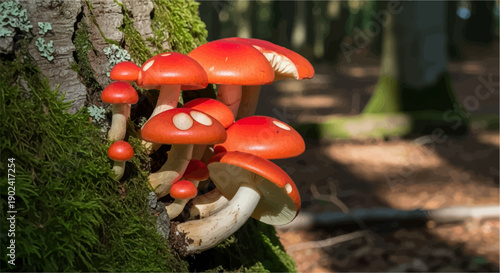 Red-capped mushrooms cluster on a moss-covered tree trunk in a forest