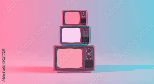 Stack of retro televisions bathed in pink and blue gradient light
