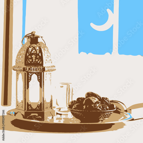 illustration of a lantern and a moon 