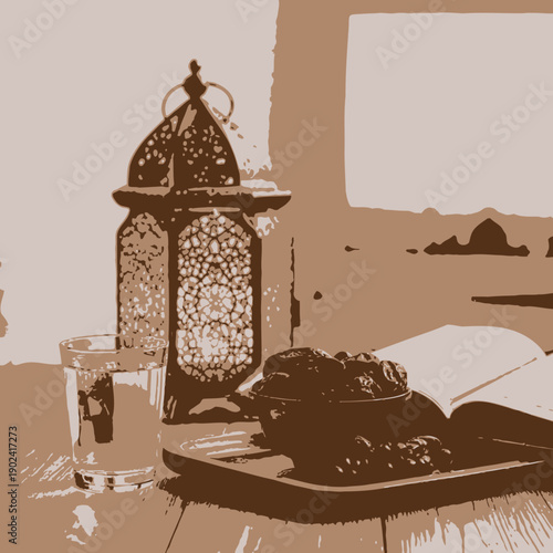 illustration of a lantern and a moon 