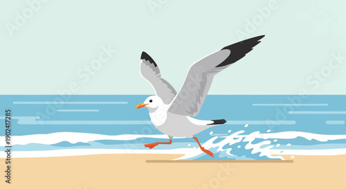 Seagull running on a sandy beach with waves splashing