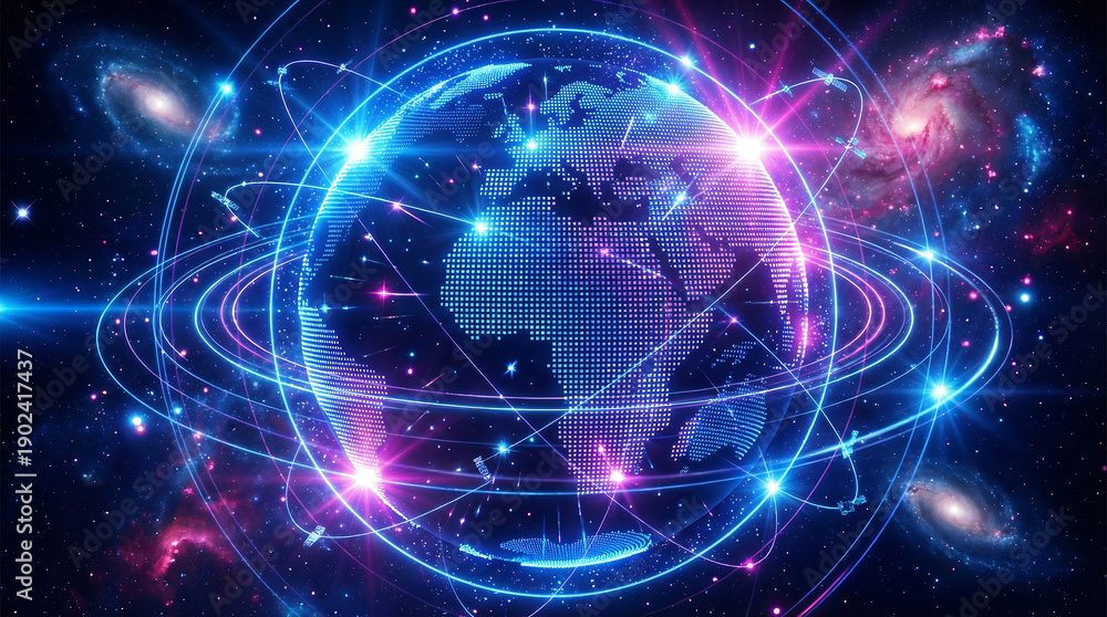 Fototapeta premium Digital earth globe with glowing data connection lines and satellites in space representing global telecommunication and worldwide internet network connectivity for modern technology future