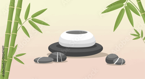 Serene arrangement of stones, bamboo, and a zen bowl on a soft background