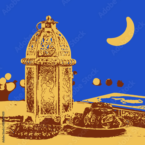illustration of a lantern and a moon 