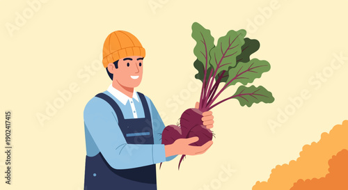 Smiling farmer holding a bunch of fresh beets with greens