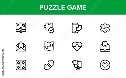 Puzzle Game Icons – Professional Line Icon Set featuring modern, minimal designs for creative projects. Perfect for apps, presentations, and digital media.