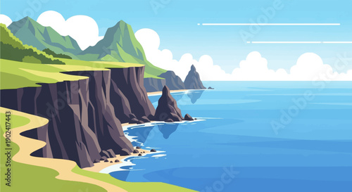Serene pixelated coastline with green hills meeting the blue ocean