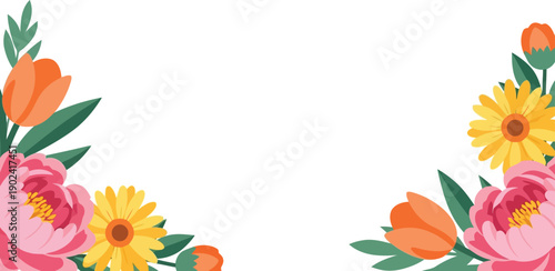 Spring floral border vector clipart with colorful flowers and leaves for invitations and cards