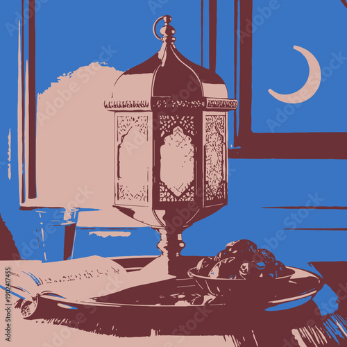 illustration of a lantern and a moon 