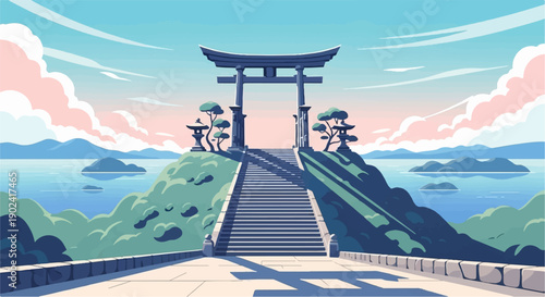 Serene pixel art vista of a gateway on a hill overlooking calm waters