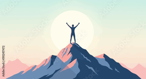 Silhouette of a triumphant person with arms raised on a mountain peak at sunrise