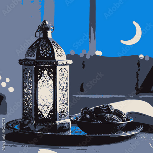 illustration of a lantern and a moon 