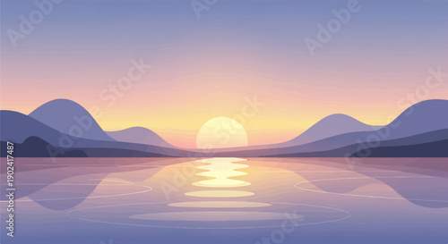 Serene pixelated landscape with a setting sun over a tranquil lake