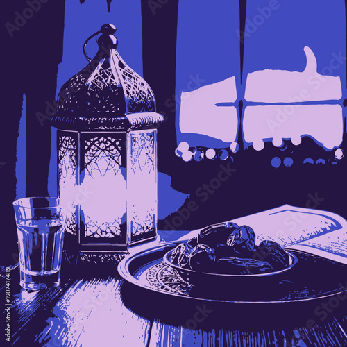 illustration of a lantern and a moon 