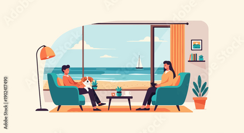 Relaxing by the sea with a dog and friend