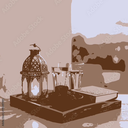 illustration of a lantern and a moon 