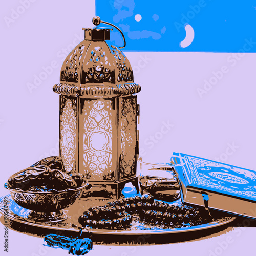 illustration of a lantern and a moon 