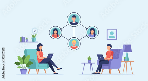 Remote collaboration illustrated people working on laptops connected by network