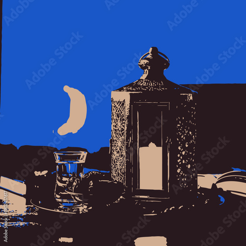 illustration of a lantern and a moon 