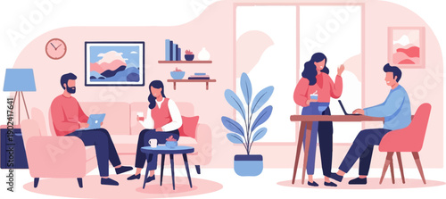 Remote work setup with people working on laptops in a cozy room