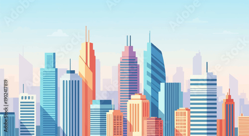 Stylized city skyline with geometric buildings under a pastel sky