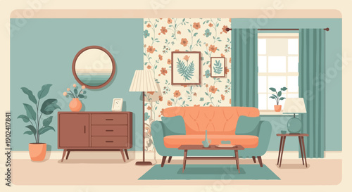 Retro living room with floral wallpaper, orange sofa, and teal accents