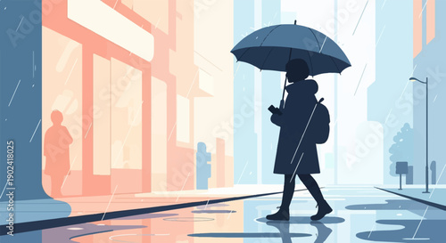 Silhouette of person with umbrella walks down rainy city street