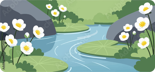 Serene pond with lily pads and white flowers, framed by rocks and foliage