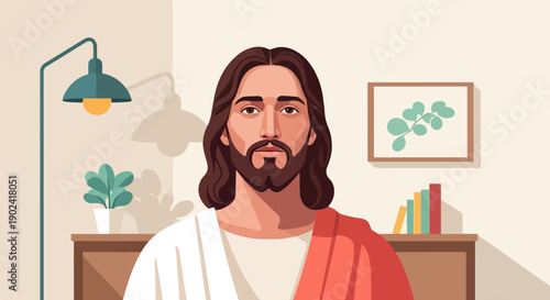 Serene portrait of a person with flowing hair and beard, seated indoors