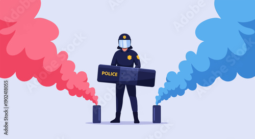 Riot officer with shield and red/blue smoke