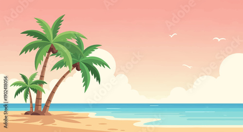 Serene beach with palm trees, gentle waves, and a pastel sky