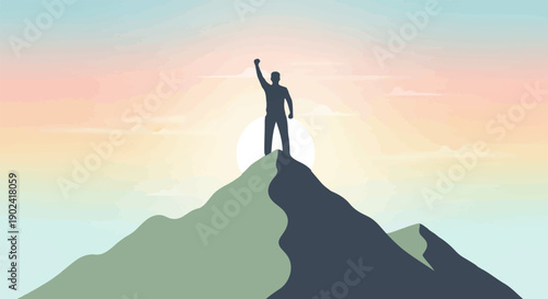 Silhouette of person celebrating on mountain peak at sunrise