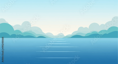 Serene blue lake vista with hazy mountains and sky reflection