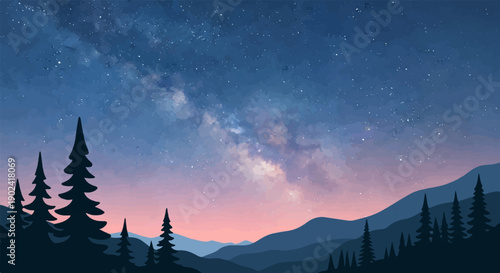 Silhouette of pine trees against a watercolor sky with the Milky Way
