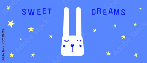 Funny Childish Card Rabbit Background. Sweet Dream and Good Night Sleep Theme. Cute Cartoon Bunny Character. Vibrant Positive Happy Imperfect Application Hare Animal Illustration Design.