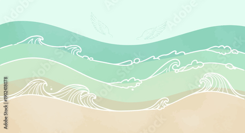 Serene beach waves with delicate wings in the sky above