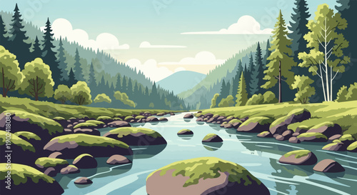 Serene river flows through a pixelated forest valley under a cloudy sky