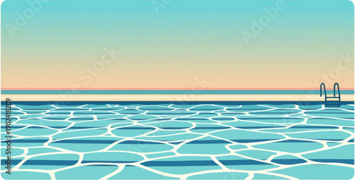 Rippling blue water in a pool with a ladder under a pastel sunset sky