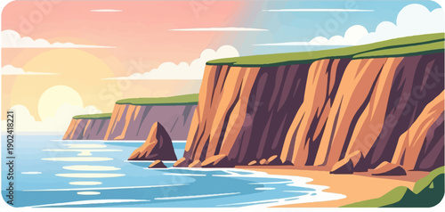 Serene coastal cliffs bathed in warm sunrise hues, gentle waves lap sandy shore