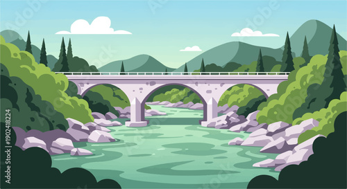Stone bridge spans tranquil river through lush green hills under sky