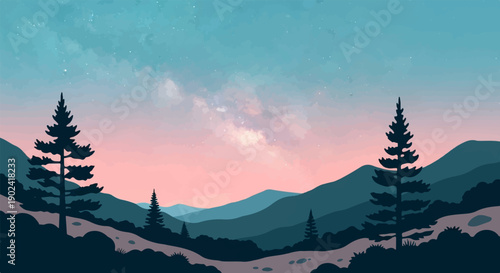Silhouetted pine trees frame a misty mountain range under a starry, pastel sky