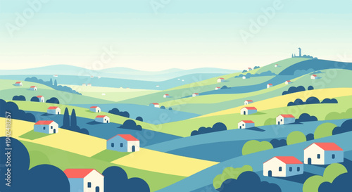Serene rolling hills dotted with charming houses under a pale sky