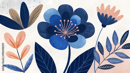 Delicate Blue Floral Arrangement With Orange Accents On Cream Textured Background