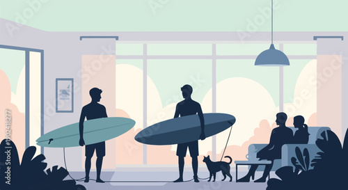 Silhouettes of surfers with surfboards indoors, a cat and a couple on a couch