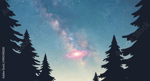 Silhouetted pine trees frame a stunning view of the Milky Way galaxy and a spiral nebula