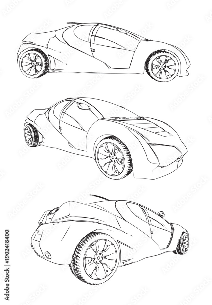 Fototapeta premium Futuristic Sports Car Sketch Collection From Side Front and Rear Angles for Concept Design